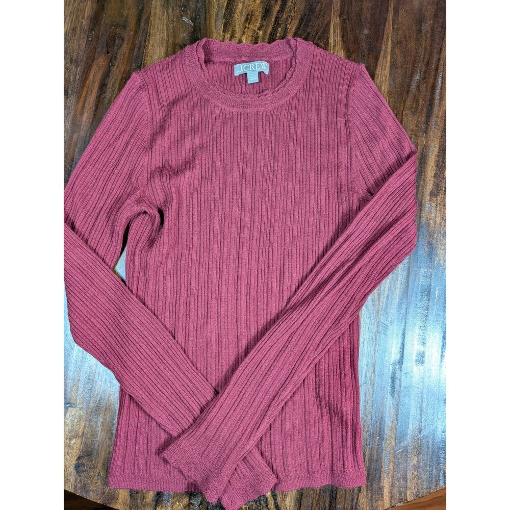J CREW Womens Rich Merino Wool Wide Rib Crewneck Sweater Tee Berry S